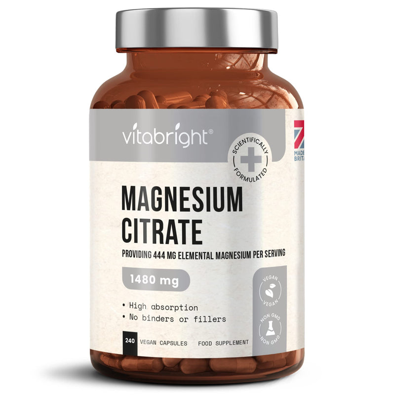 Magnesium Citrate - 1480mg High Strength - 240 Capsules (4 Month Supply) - Vegan Premium Magnesium Capsules - Providing 444mg Elemental Magnesium Supplement - Made in UK by VitaBright - BeesActive Australia