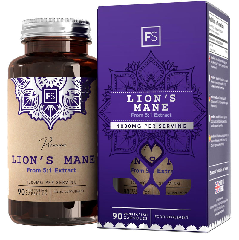 FS Lions Mane Mushroom Complex Supplement | 1000mg Lion's Mane Per Serving | 90 Vegan Capsules | High in (?) Beta Glucan Polysaccharides | Non-GMO, Gluten, & Allergen Free | Manufactured in The UK 90 Count (Pack of 1) - BeesActive Australia