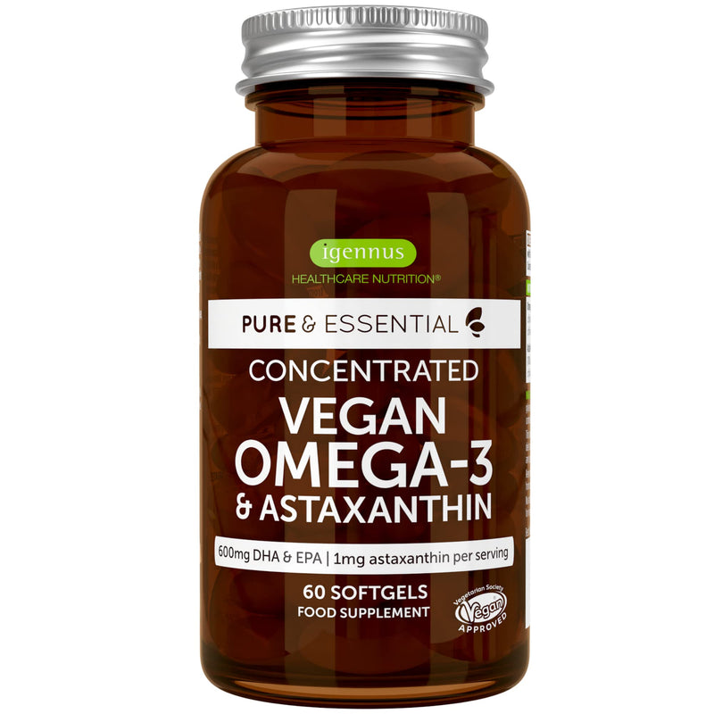 Vegan Omega 3 Algae Oil & Astaxanthin, 1344mg Omega 3, 60 Softgels, EPA & DHA 600mg Omega 3 Fatty Acids Supplements, Pure & Sustainable Algae Oil Omega-3, 30 Servings, by Igennus 60 Count (Pack of 1) - BeesActive Australia