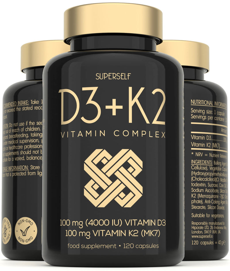 Vitamin D3 K2 Capsules - High Strength Vitamin D Tablets - 4000 IU Vitamin D & 100mcg Vitamin K MK7-120 Capsules - UK Made & Vegetarian - VIT D3 K2 Supplement for Strong Bones, Teeth, Immune System - BeesActive Australia