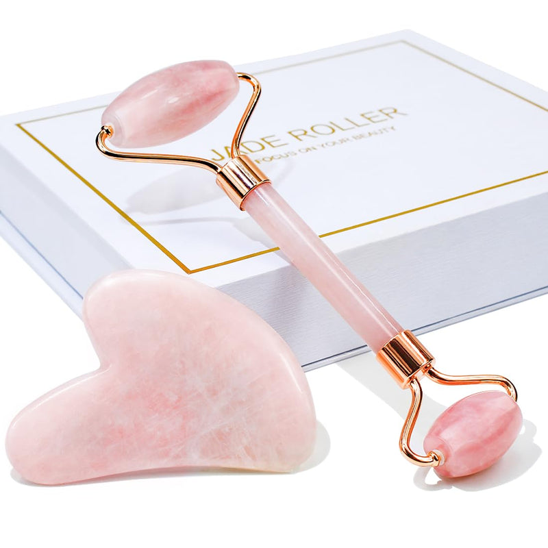 BAIMEI Jade Roller & Gua Sha, Face Roller, Facial Beauty Roller Skin Care Tools, Rose Quartz Massager for Face, Eyes, Neck, Body Muscle Relaxing and Relieve Fine Lines and Wrinkles Pink - BeesActive Australia
