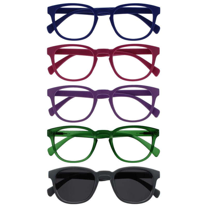 Opulize Pop 5 Pack Reading Glasses with Sun Reader Retro Blue Pink Purple Green Grey Mens Womens RRRRS2-34567 +3.00 +3.00 Magnification - BeesActive Australia