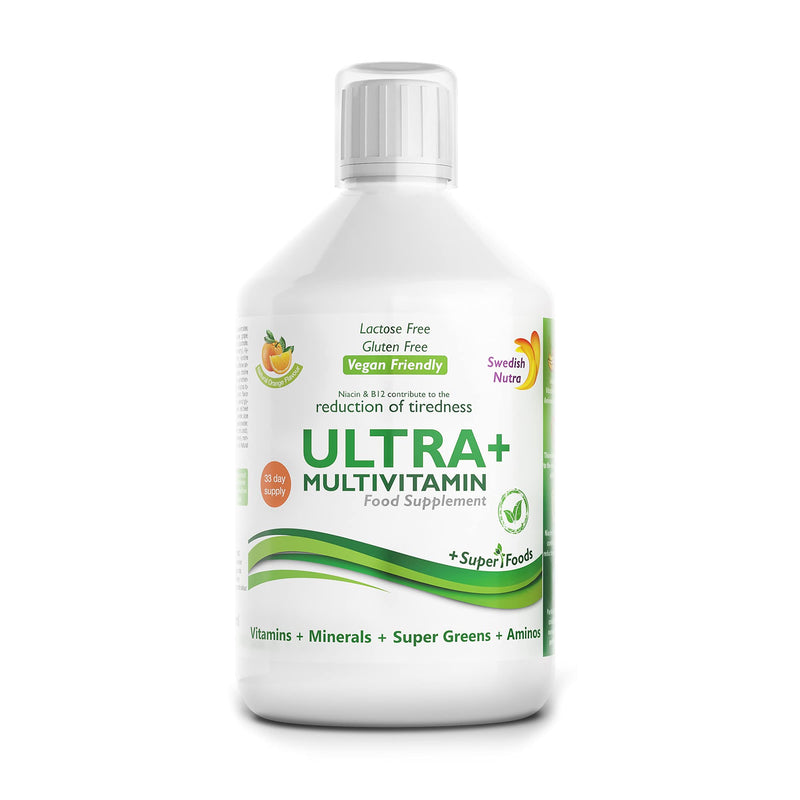 Swedish Nutra Vegan Multivitamin Liquid - Pack of 500ml, 33 Day Supply| Orange Flavour with 51 Active Ingredients| 100% Natural Flavour| High Absorption Rate| Vitamins, Minerals, Aminos & Super Greens - BeesActive Australia