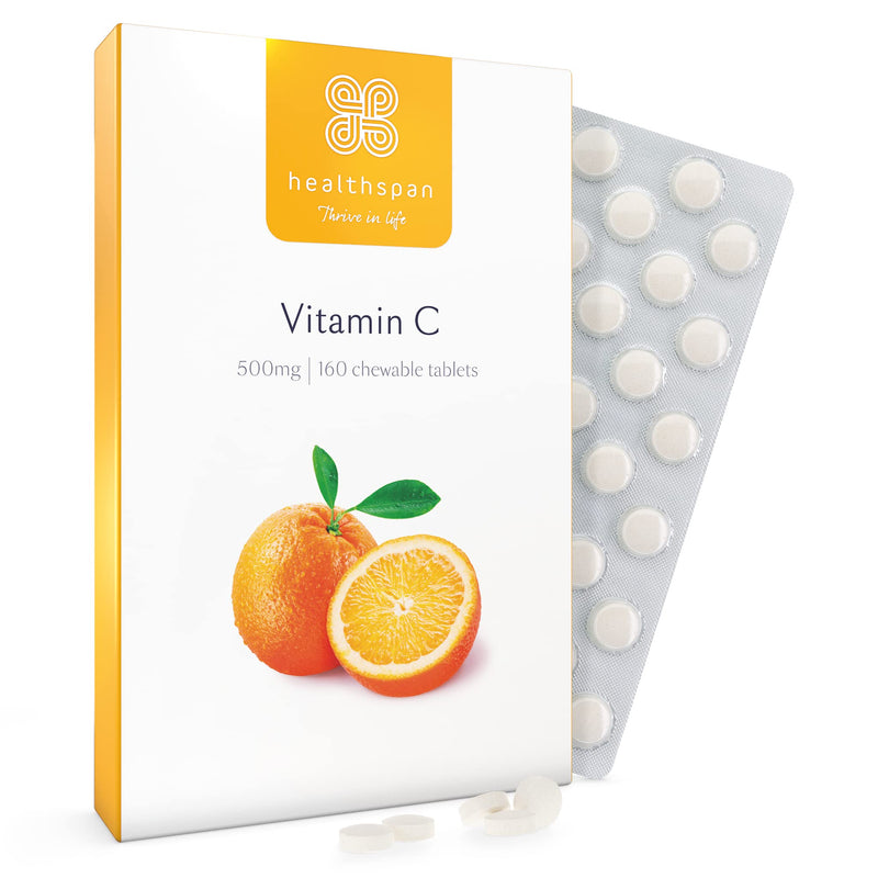Healthspan Vitamin C 500mg (160 Chewable Tablets) | Supports Immune & Nervous Systems | Boosts Energy Levels & Psychological Function | Added Natural Citrus Bioflavonoids | Free of Aspartame | Vegan - BeesActive Australia