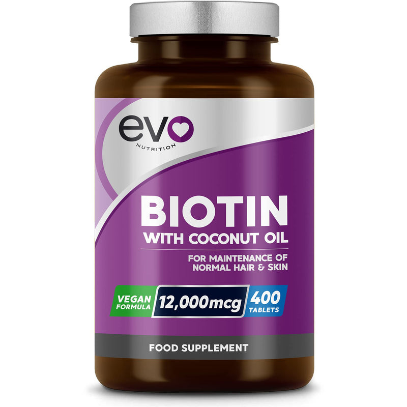 Biotin Hair Growth Supplement 12,000mcg with Coconut Oil | 400 High Strength Biotin Tablets for Hair - 13 Month Supply | Vitamin B7 | Supports Normal Skin & Hair Growth | Made in UK by EVO Nutrition - BeesActive Australia