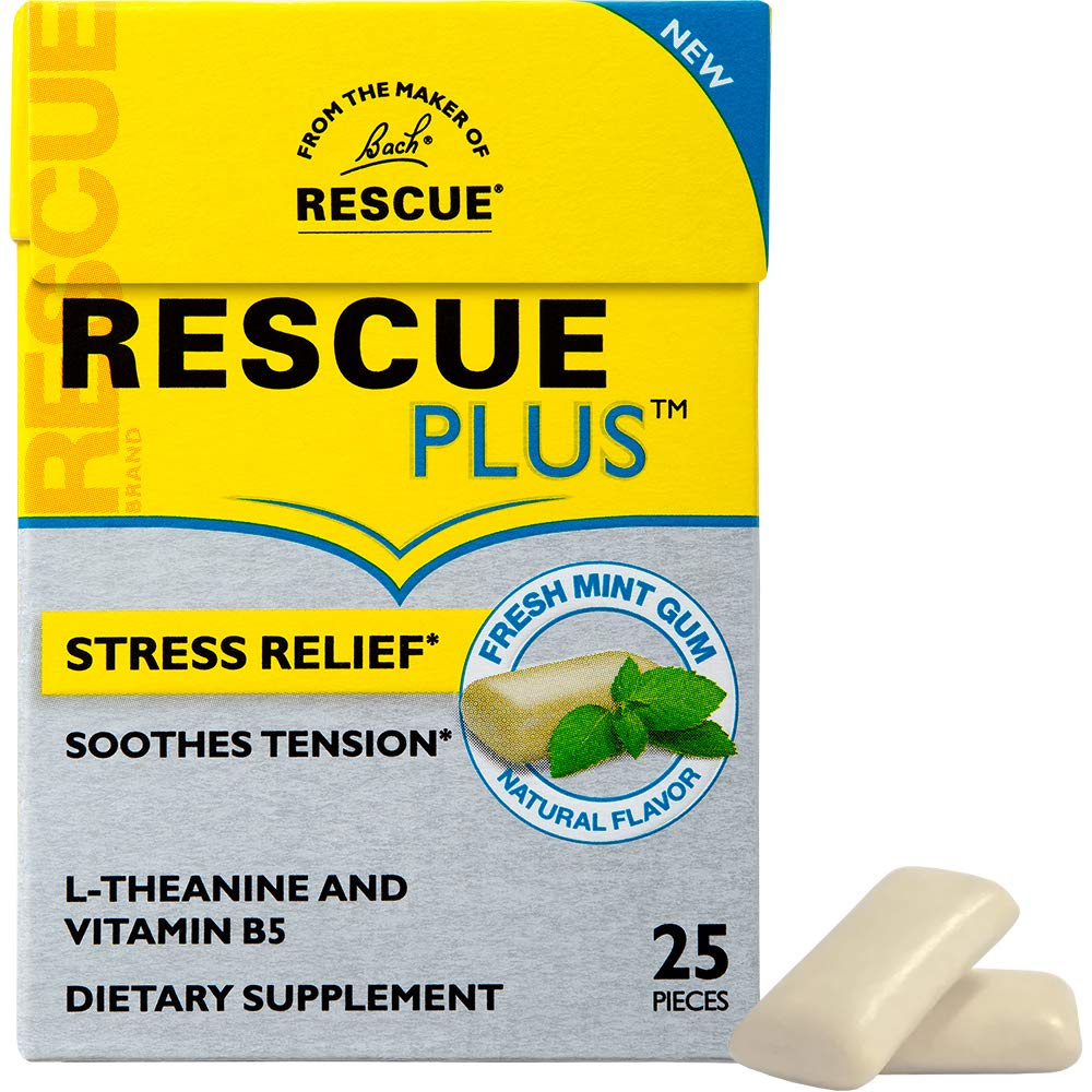 Bach RESCUE Plus Gum, Natural Mint Flavor, Stress and Tension Relief, L-Theanine and Vitamin B5 Dietary Supplement, Biodegradable Chicle Gum, No Artificial Sweeteners, Flavors, Colors, 25 Pieces 25 Count (Pack of 1) - BeesActive Australia