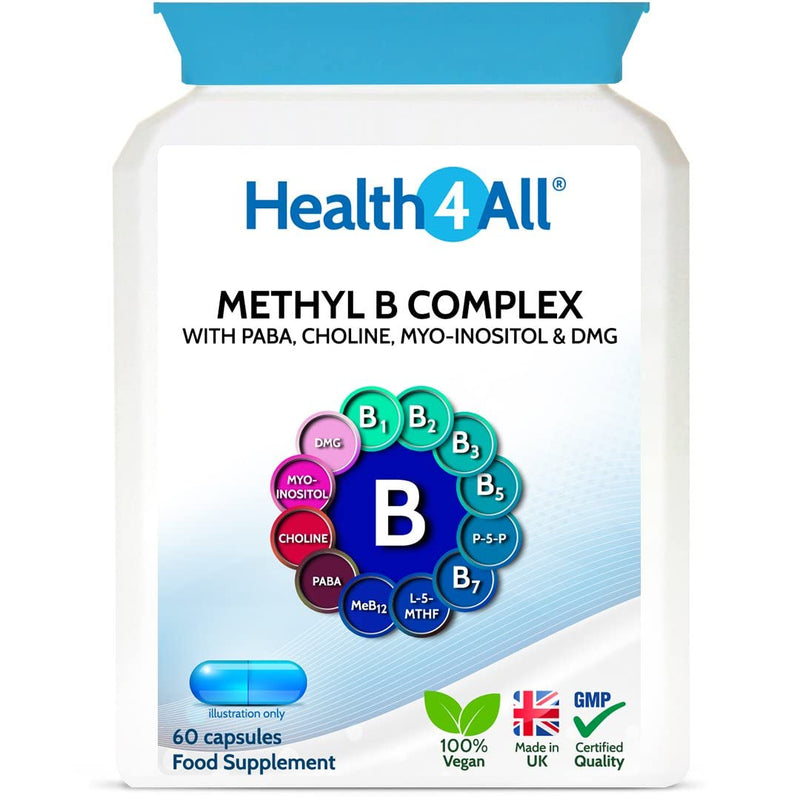 Methyl B Complex 60 Capsules (V) (not Tablets) with Methylcobalamin, Methyl Folate, P5P, Choline, Myo-Inositol, DMG and PABA for Stress Support, Energy and methylation. Made in UK by Health4All 60 Count (Pack of 1) - BeesActive Australia