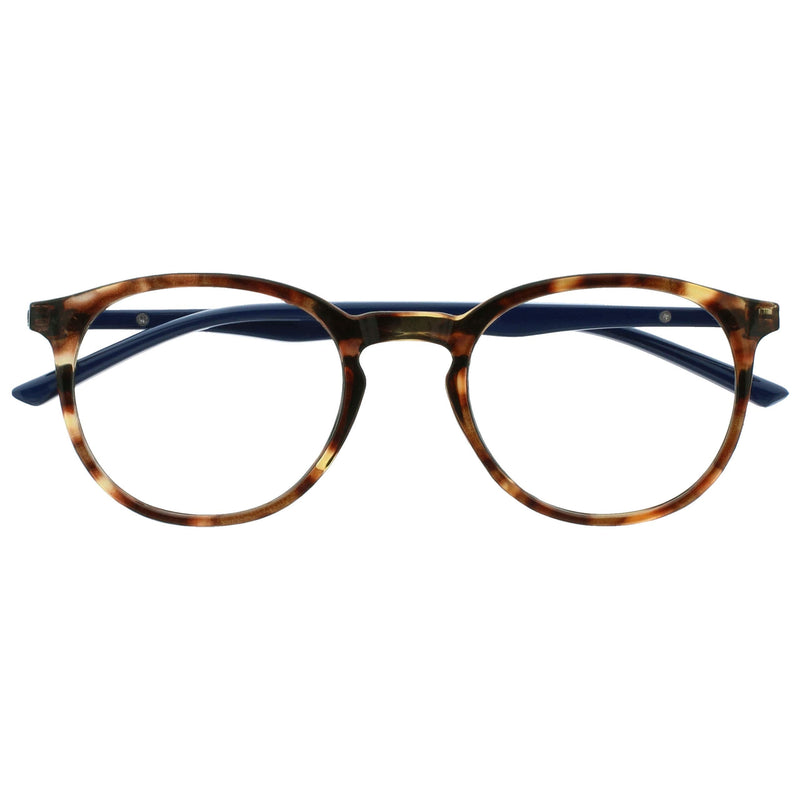 Opulize Met Brown Tortoiseshell Navy Blue Reading Glasses Large Round Comfortable Mens Womens Spring Hinges R60-2 +1.00 +1.00 Magnification (Pack of 1) Brown Tortoiseshell Front Navy Blue Arms - BeesActive Australia