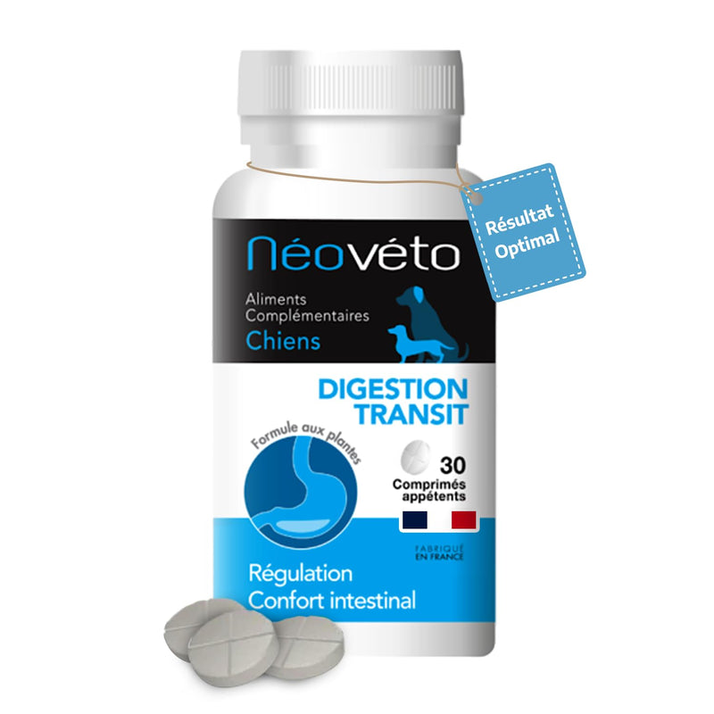 NEOVETO - Digestion Transit - 30 natural tablets for Dogs - Intestinal hygiene - Active ingredients approved by French Veterinary Services - Made in France - Easy to administer