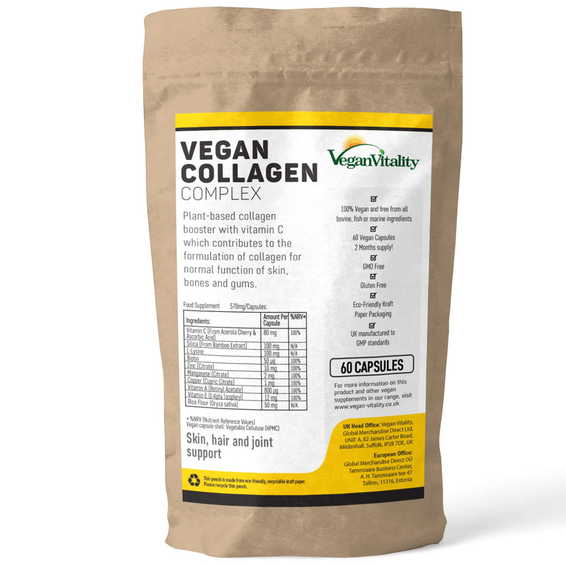 Vegan Collagen Supplement For Skin, Hair, Nails, Joints & Bones with Biotin, Lysine, Bamboo Silica, Zinc, Vitamin C, E & A. 2 Months Supply. Collagen For Vegans and Vegetarians 60 Count (Pack of 1) - BeesActive Australia