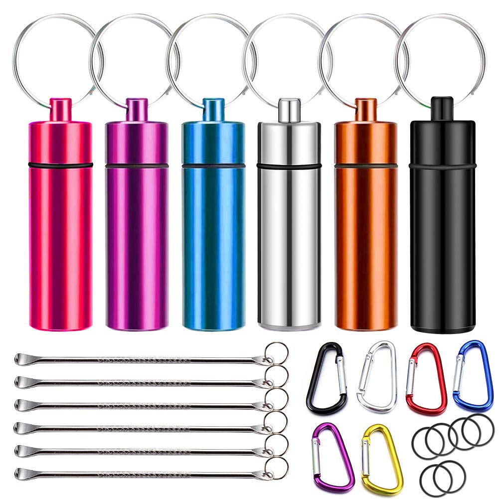Zngou 6 PCS Aluminum Pill Box, Metal Waterproof Daily Keychain Pill Box Pocket Small Pill Case Container Pill Box Keyring Portable Pill Holder Bottle With Snuff Spoon Carabiner For Outdoors Traveling - BeesActive Australia