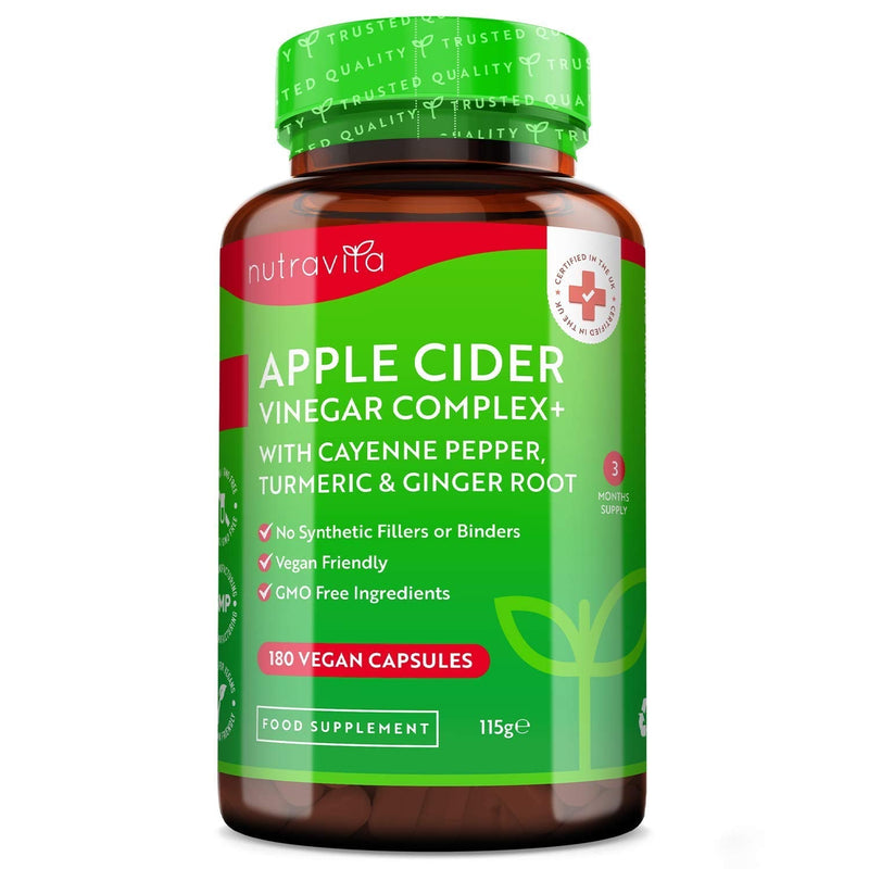 Apple Cider Vinegar Capsules with Cayenne Pepper, Turmeric and Ginger Root - 180 Vegan Capsules Made from UK Grown Apples - Raw Unfiltered ACV - 1033mg Daily Dosage - Made in The UK by Nutravita 180 Count (Pack of 1) - BeesActive Australia