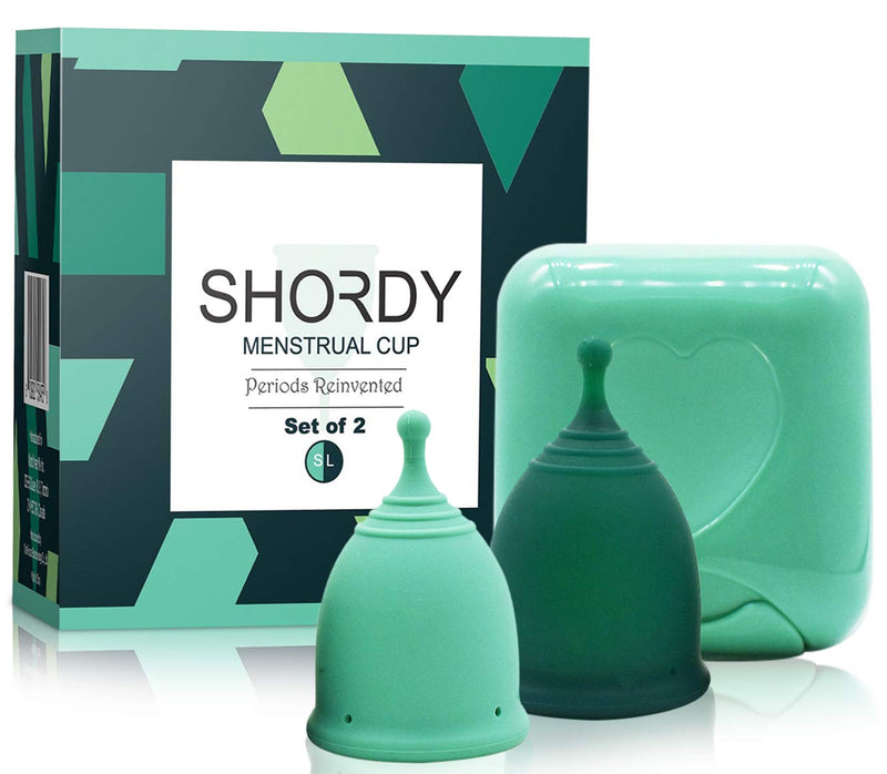 Shordy Menstrual Cups, First Period Starter Pack of 2 Kit with Mini Box, Period Cup Medical Grade Silicone, Feminine Hygiene Better Alternative to Sanitary Pads & Tampons for Girls - Small & Large S/L (Pack of 2) Green - BeesActive Australia