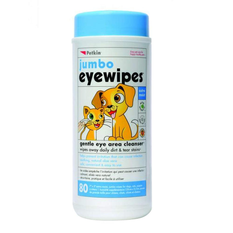 Petkin Jumbo Pet Eye Wipes, 80 Extra Moist Wipes - Gentle Eye Cleansing Wipes Remove Dirt, Discharge, & Tear Stains - Safe, Convenient, & Easy to Use Pet Wipes for Dogs, Cats, Puppies & Kittens