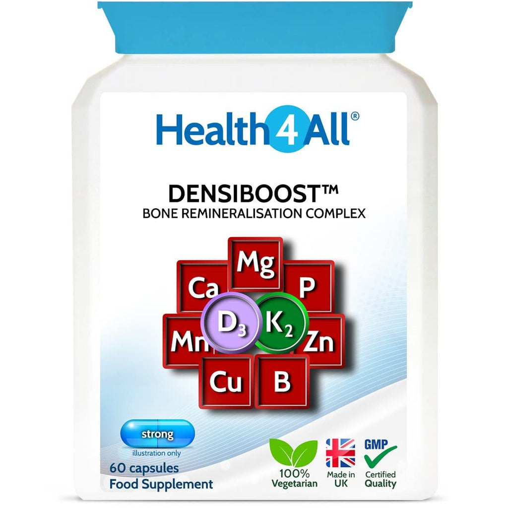 Densiboost Bone Remineralisation 60 Capsules (not Tablets) with Calcium, Magnesium, Manganese, Phosphorus, Copper, Boron, Zinc and Vitamins D3 and K2 MK-7. Made in The UK by Health4All 60 Count (Pack of 1) - BeesActive Australia