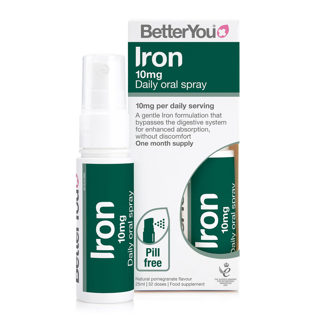 BetterYou Iron 10 Daily Oral Spray, Pill-free Iron Supplement and Immune System Support, Delivers 10mg of Highly Absorbable Iron Per Dose, 1-month Supply, Made in the UK, Natural Pomegrante Flavour - BeesActive Australia