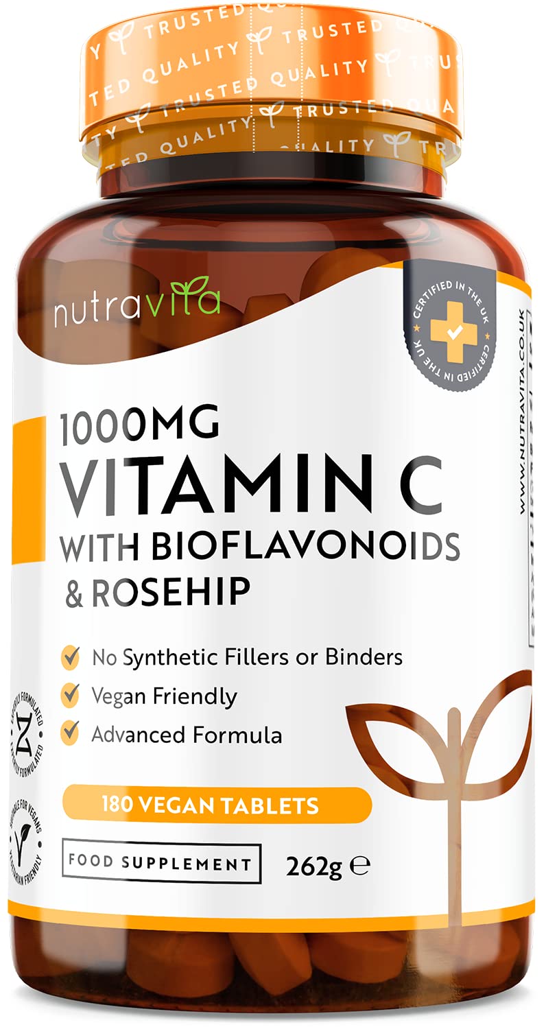 Vitamin C 1000mg � 180 Premium Vegan & Vegetarian Tablets � 6 Month Supply � High Strength Ascorbic Acid � with Added Bioflavonoids & Rosehip � for Normal Immune System � Made in The UK by Nutravita 180 Count (Pack of 1) - BeesActive Australia