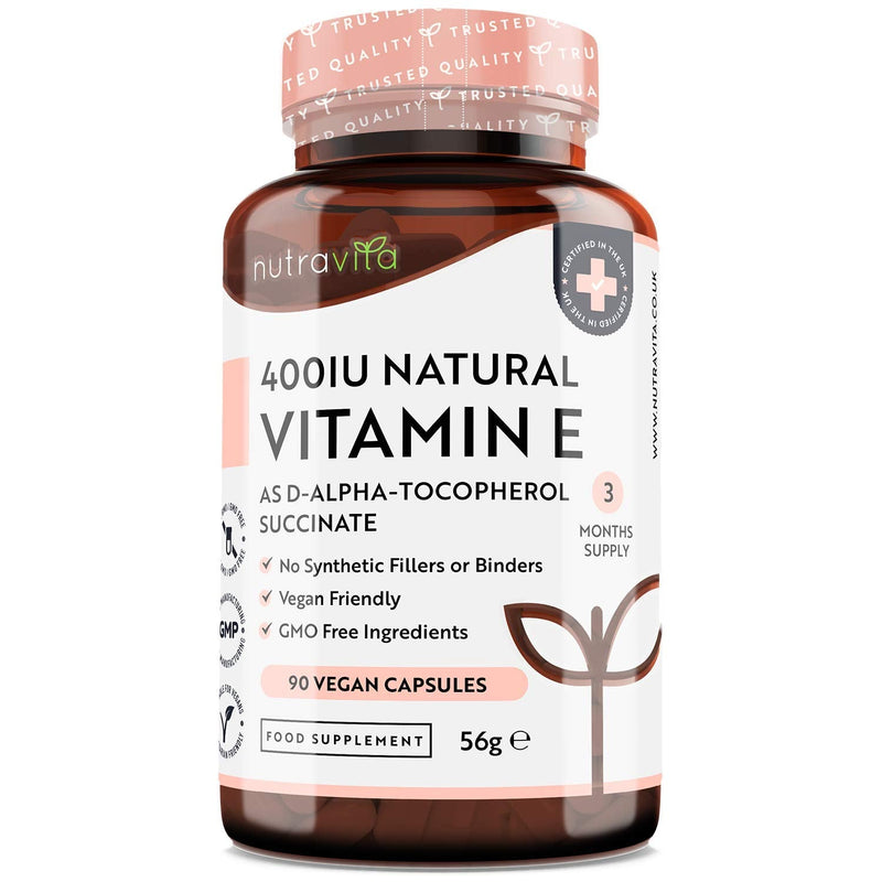 Vitamin E 400IU D-Alpha Tocopherol � 100% Natural Vitamin E � 90 Vegan Capsules � Highly Absorbable � 3 Month Supply � Protects Cells from Oxidative Stress � Made in The UK by Nutravita 90 Count (Pack of 1) - BeesActive Australia