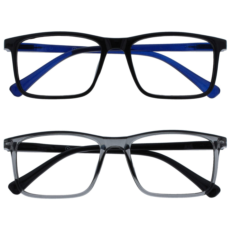 Opulize Ink Reading Glasses 2 Pack Large Rectangular Frame Black Transparent Grey Spring Hinges Scratch Resistant Mens Womens RR4-17 +1.50 +1.50 Magnification Black Front Blue Arms / Grey Front Black Arms - BeesActive Australia