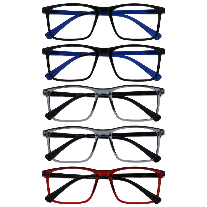 Opulize Ink Reading Glasses 5 Pack Large Rectangular Frame Black Transparent Grey Dark Red Spring Hinges Scratch Resistant Mens Womens RRRRR4-1177Z +2.00 +2 Magnification (Pack of 5) Black / Grey / Red - BeesActive Australia