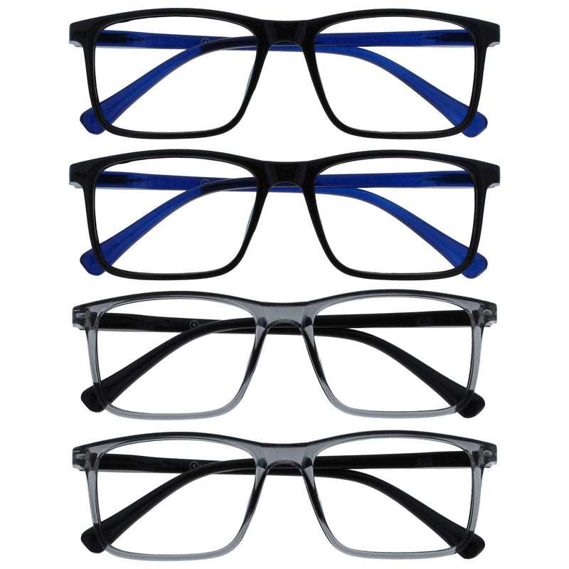 Opulize Ink Reading Glasses 4 Pack Large Rectangular Frame Black Transparent Grey Spring Hinges Scratch Resistant Mens Womens RRRR4-1177 +2.00 +2.00 Magnification (Pack of 4) Black Front Blue Arms / Grey Front Black Arms - BeesActive Australia