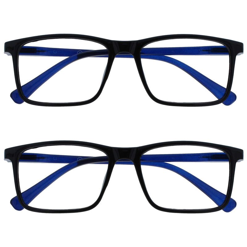 OPULIZE Ink Reading Glasses 2 Pack Large Rectangular Frame Black Blue Arm Spring Hinges Scratch Resistant Mens Womens RR4-1 +1.50 +1.50 Magnification (Pack of 2) Black Front With Blue Arms - BeesActive Australia