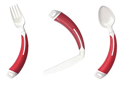 Curved Cutlery - Adult Eating Aid - Full Set of Light Weight Angled Cutlery (Right Hand, Red) Right Hand - BeesActive Australia