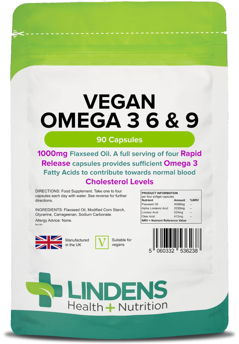 Lindens Vegan Omega 3, 6 & 9 Flaxseed 1000mg Softgel Capsules - 90 Capsules - Rapid-Release - UK Manufacturer, Letterbox Friendly - BeesActive Australia