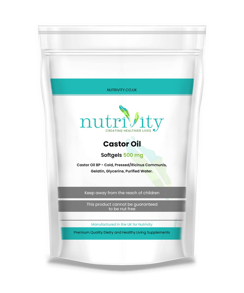 Castor Oil 500mg Soft Gels | Intestinal Help | Constipation Relief | Healthy Hair & Skin | Made in The UK to GMP Standards by Nutrivity (60) 60 - BeesActive Australia
