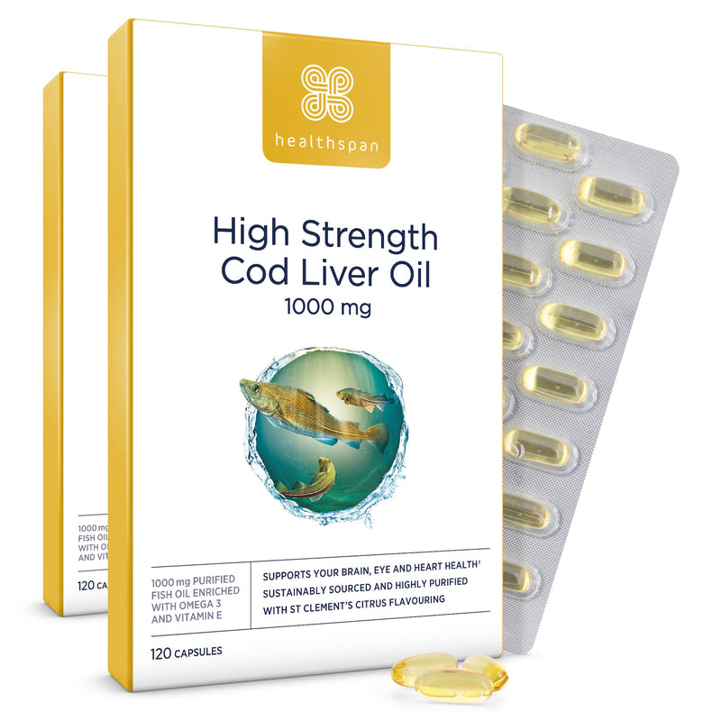 Healthspan Cod Liver Oil 1,000mg (240 Capsules) | Rich in Omega 3 Fatty Acids DHA & EPA | Brain, Eyes & Heart Health | Vitamin A & D3 | Vision, Bones, Teeth & Immune | Sustainably Sourced 240 Count (Pack of 1) - BeesActive Australia