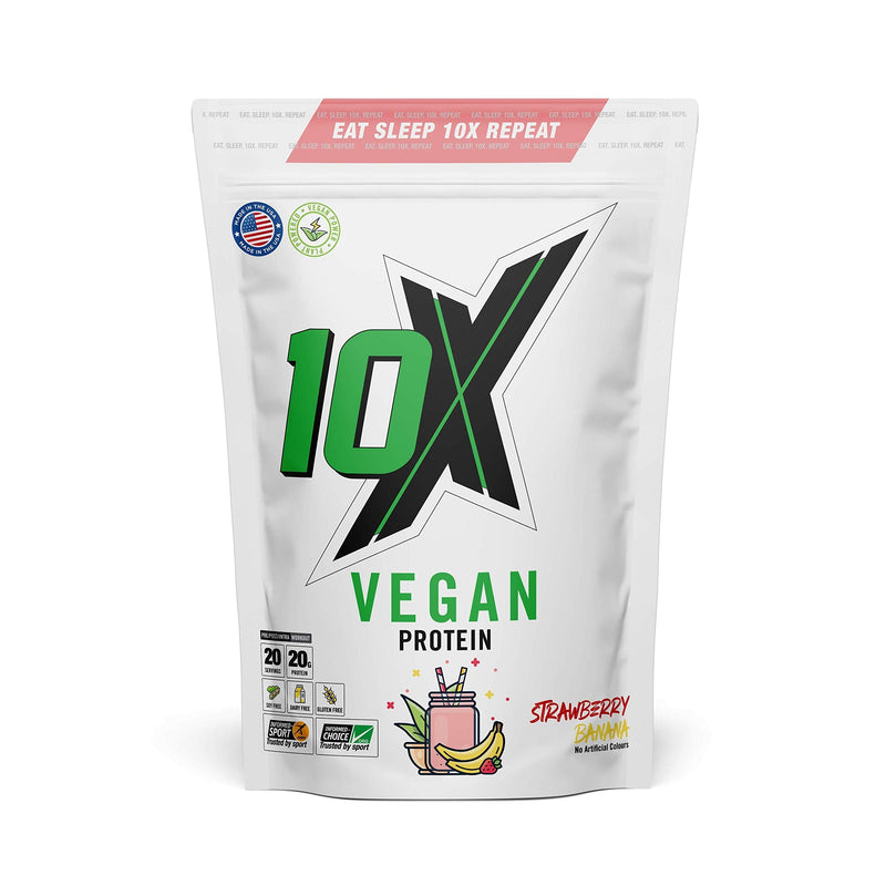 10X Athletic Vegan Protein, Nut Free, Sugar Free, Plant Based, Dairy Free, Gluten Free, Various Flavours , 580g (Strawberry Banana) Strawberry Banana 580 g (Pack of 1) - BeesActive Australia