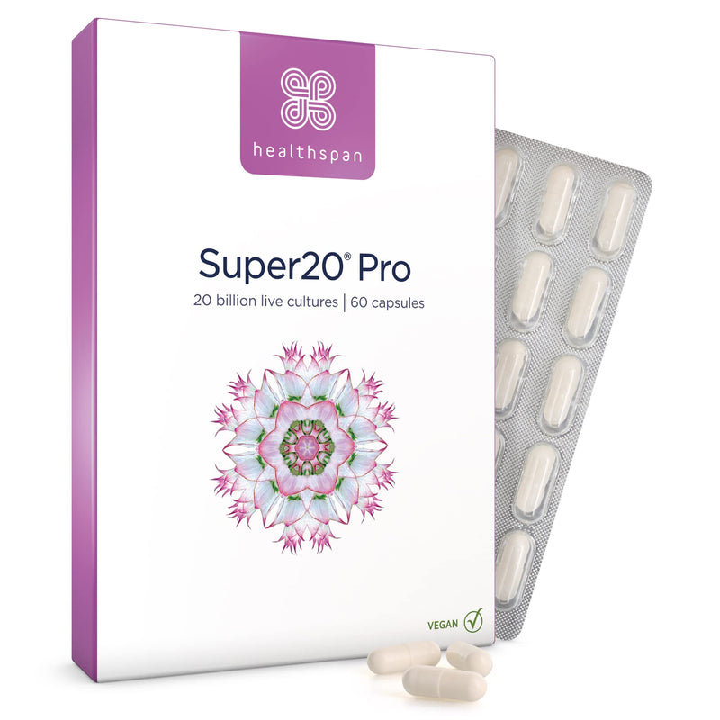 Healthspan Super20 Probiotic (60 Capsules) | Blend of 20 Billion Live Cultures from Five Strains | Promotes Friendly Gut Bacteria for Gut Health | Long Shelf Life and Lactose Free | Vegan 60 Count (Pack of 1) - BeesActive Australia