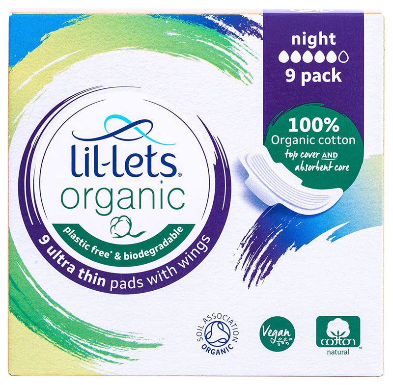 Lil-Lets Organic Cotton Night Pads, 9 Count, Ultra Thin, with Wings, for Medium to Heavy Flow, GOTS Certified, Plastic Free, Biodegradable, 100% Organic Cotton Top Cover and Absorbent Core 9 count (Pack of 1) - BeesActive Australia