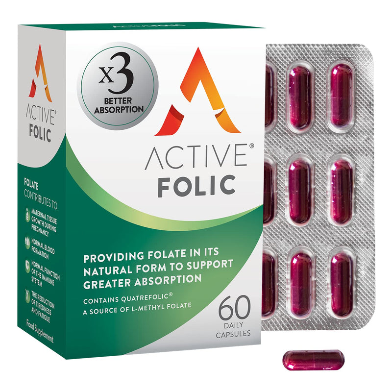 Active Folic | Folic Acid for Pregnancy | Fights Tiredness & Fatigue | Vegan Folic Acid Supplement | Containing L-Methylfolate | 60 Capsules - BeesActive Australia