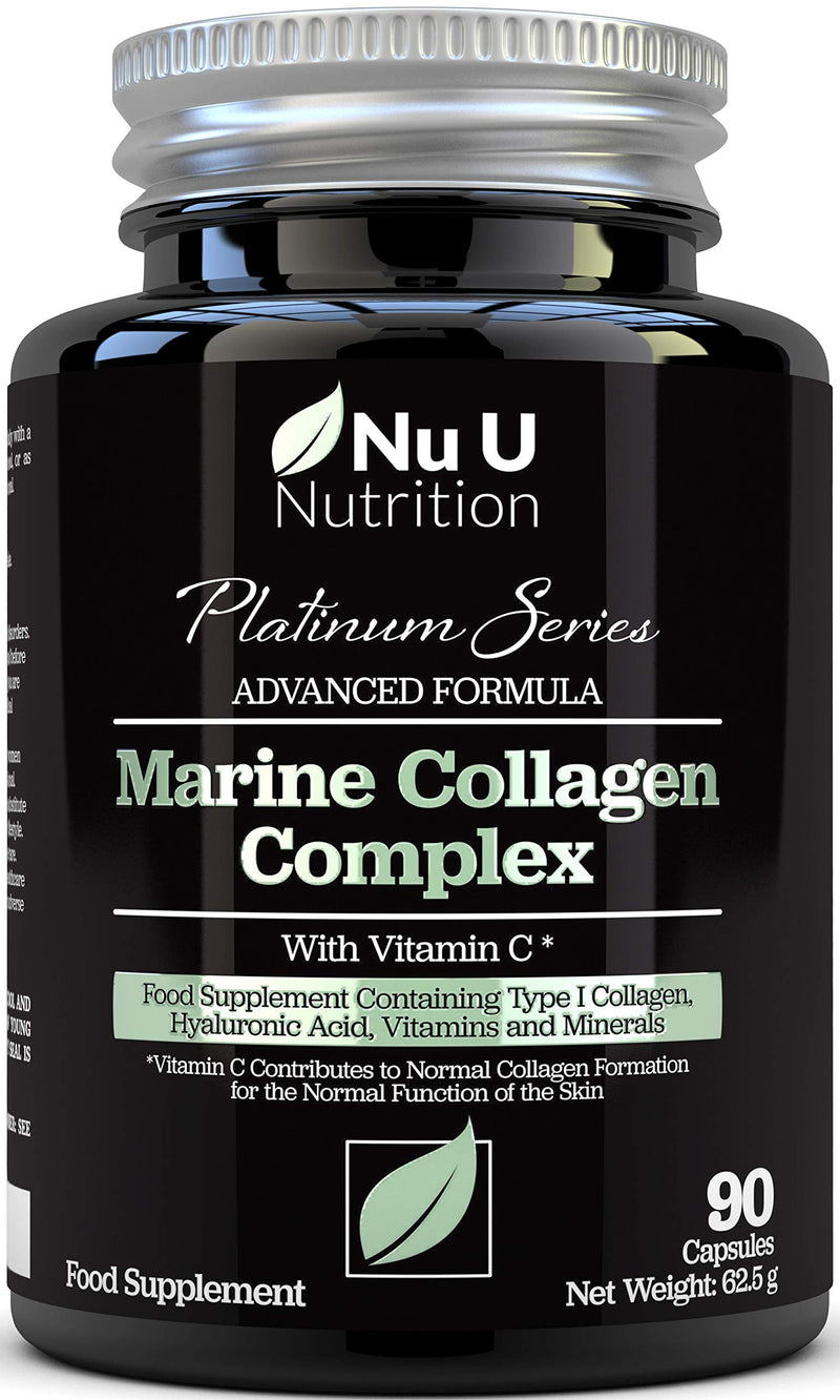 Marine Collagen Supplement 1350mg - 90 Hydrolysed Collagen Capsules not Tablets - Type 1 Marine Collagen - Enriched with Vitamin C, Vitamin E & Hyaluronic Acid - for Hair, Nails and Skin - BeesActive Australia