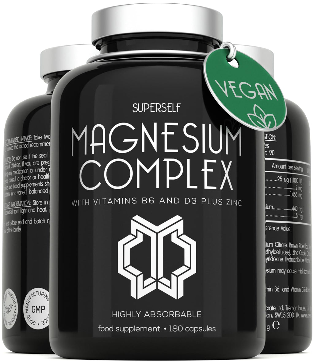 Magnesium Citrate Supplement with Zinc, Vitamin B6 and D3 - High Strength 180 Capsules - 1466mg Magnesium Supplements for Women & Men - Magnesium Complex Tablets Providing 440mg Elemental Magnesium - BeesActive Australia