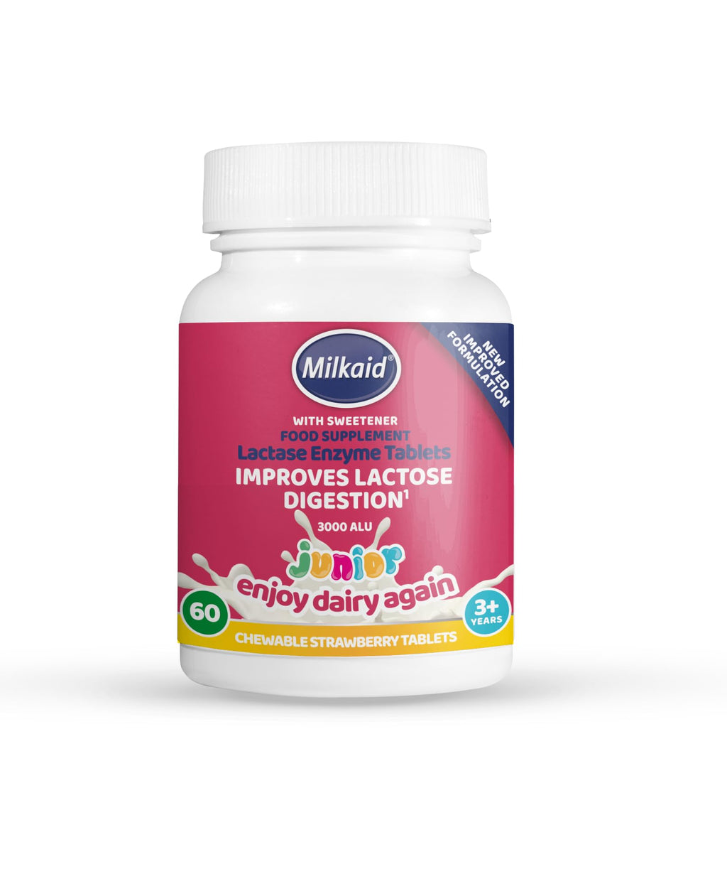 Milkaid Junior Lactase Enzyme Chewable Tablets for Lactose Intolerance Relief | Prevents Gas, Bloating & Diarrhoea | Fast Acting Dairy Digestive Supplement | Gluten Free & Vegan | 60 Tablets - BeesActive Australia