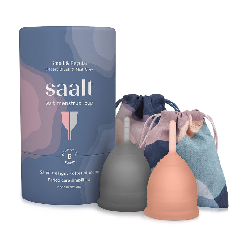 Saalt Soft Menstrual Cup - Super Soft and Flexible - Best Sensitive Cup - Wear for 12 Hours - Tampon and Pad Alternative (Regular Grey, Small Desert Blush) Regular Grey, Small Desert Blush 2 Count (Pack of 1) - BeesActive Australia
