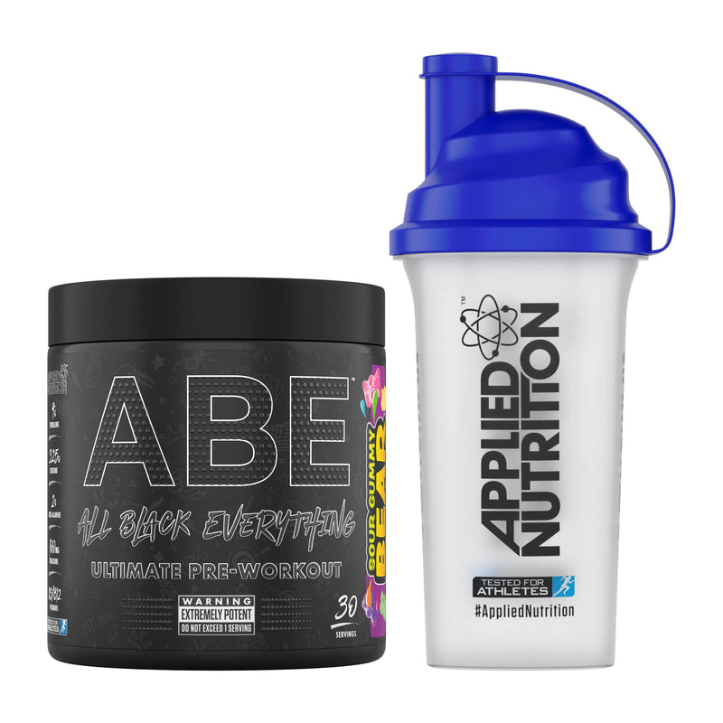 Applied Nutrition Bundle ABE Pre Workout 315g + 700ml Protein Shaker | All Black Everything Pre Workout Powder, Energy & Physical Performance with Creatine, Beta Alanine (Sour Gummy Bear) Sour Gummy Bear - BeesActive Australia