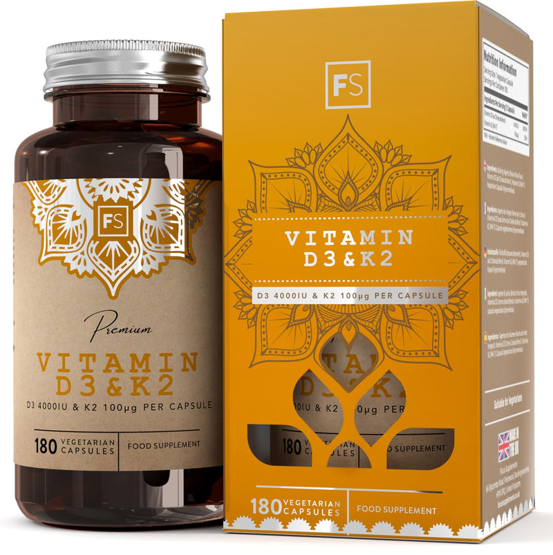 FS Vitamin D3 K2 Supplement | 180 High Strength D3 K2 Capsules - Vitamin D3 4000iu & Vitamin K2 100?g per Serving | The Sunshine Vitamin | Non-GMO, Gluten & Allergen Free | Manufactured in The UK - BeesActive Australia