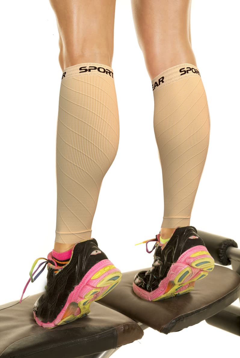 Calf Compression Sleeve Men & Women - Shin Splints Support, Footless Compression Socks for Calf Support, Achilles Tendon Support, Leg Cramps, Varicose Veins, Maternity, Nurses (1 Pair) S/M | 12" - 16" Calf Nude Beige - 1 Pair - BeesActive Australia