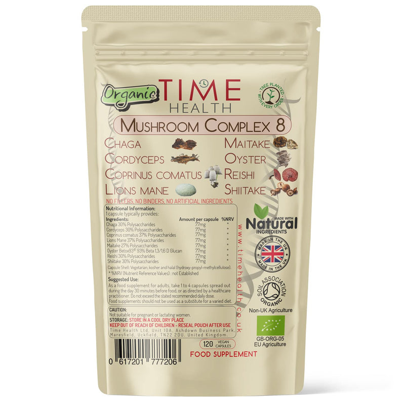 Mushroom Complex 8 | Organic | EU Grown | 616mg Capsules | Lions Mane, Cordyceps, Chaga, Shiitake, Reishi, Maitake, Coprinus & Oyster Betox93� | 40% Polysaccharides | UK Made 120 Count (Pack of 1) - BeesActive Australia