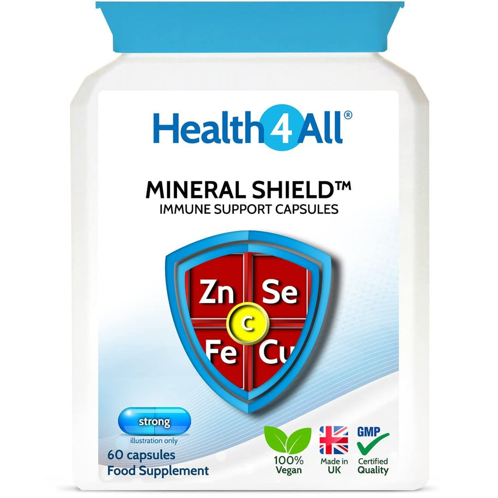Health4All Mineral Shield Immune Support 60 Capsules (V) (not Tablets) (2 Months Supply) with Vitamin C, Zinc 20mg, Selenium, Copper and Iron for Healthy Immune System Function 60 Count (Pack of 1) - BeesActive Australia