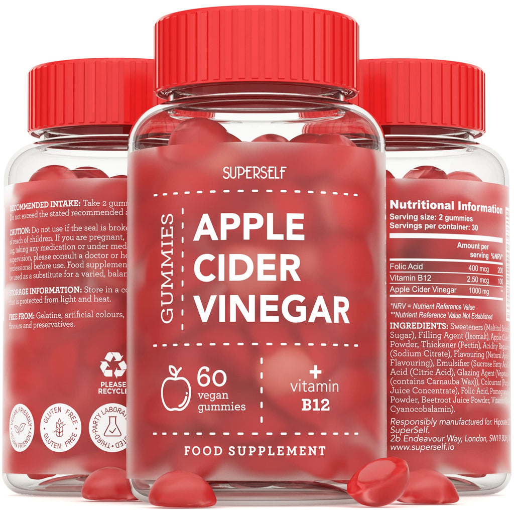 Apple Cider Vinegar Gummies 1000mg - Enhanced with Vitamin B12 & Folic Acid - 500mg ACV per Gummy - 60 Gummies - Natural Ingredients, Vegan & Gluten-Free - High Strength Apple Cider Vinegar Capsules - BeesActive Australia