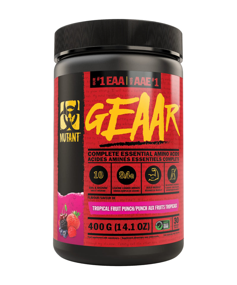 MUTANT GEAAR | 9.4g of EAA Powder + Arginine, 7g BCAAs, 4g Leucine, Electrolytes, Coconut Water, No Artificial Colours or Flavours | 30 Servings | Tropical Fruit Punch | 378g 378 g (Pack of 1) - BeesActive Australia