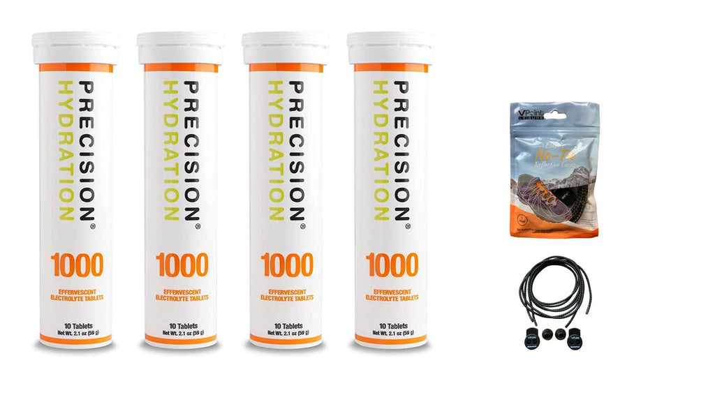 Precision Hydration Electrolyte Tablets - 4 Tubes of 10 x Tabs (1000 Strength). Bundled with a Pack of VPoint Leisure Elastic No-tie Reflective Shoe Laces - BeesActive Australia