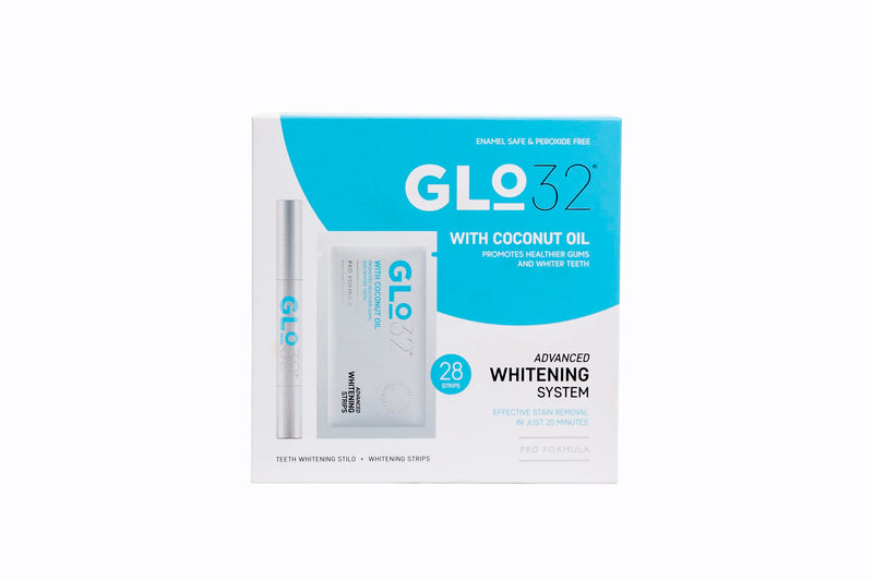GLO32 - Advanced Teeth Whitening System - 28 Teeth Whitening Strips + 1 Teeth Whitening Pen - Gentle Teeth Stain Remover - with Coconut Oil - Effective in 20min - Vegan Cruelty Free - Peroxide Free - BeesActive Australia