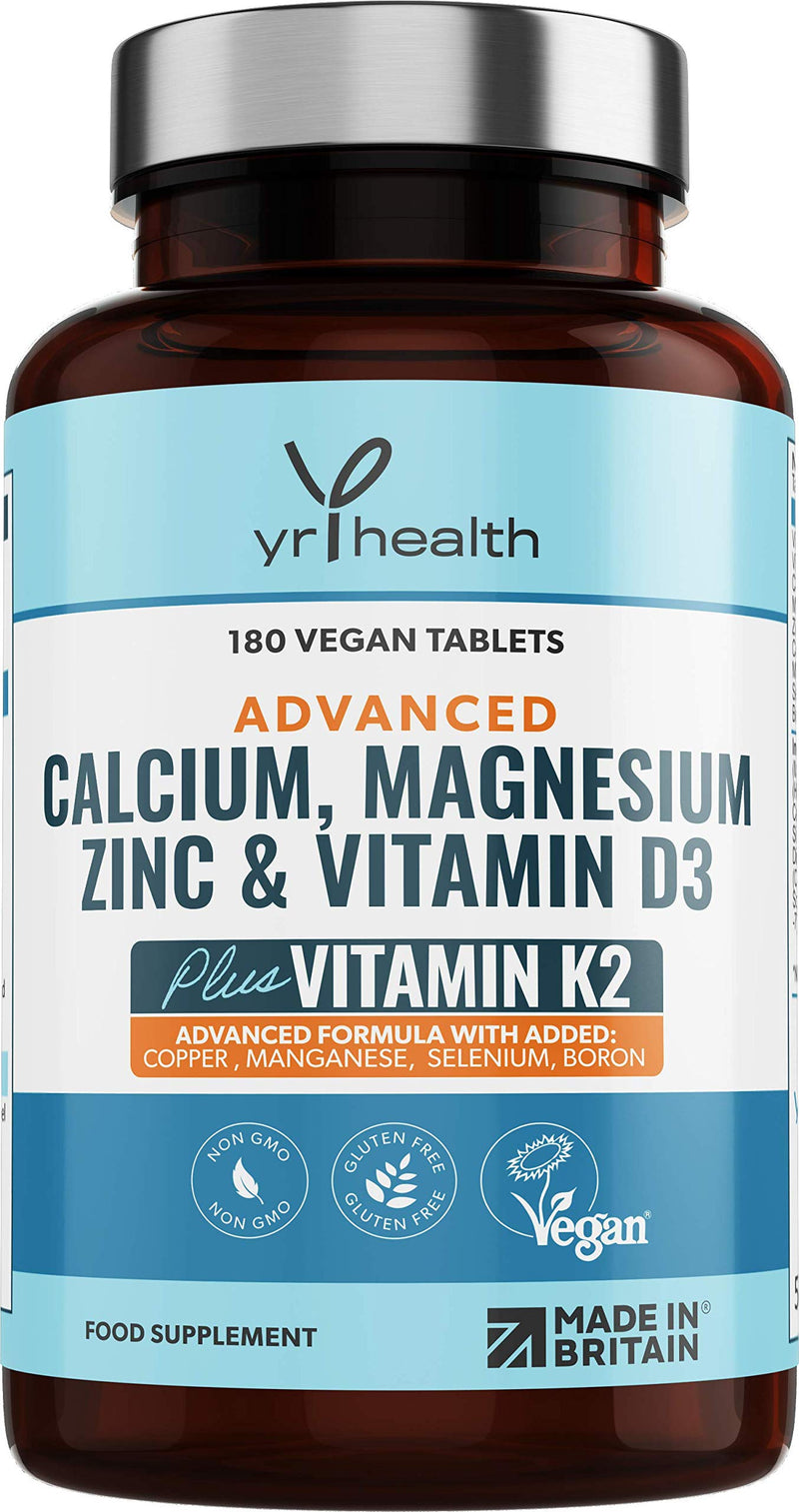 Calcium, Magnesium, Zinc and Vitamin D Plus Vitamin K2 MK-7 Tablets - Osteo Supplement - 180 Vegan Tablets not Capsules - Made in the UK by YrHealth - BeesActive Australia