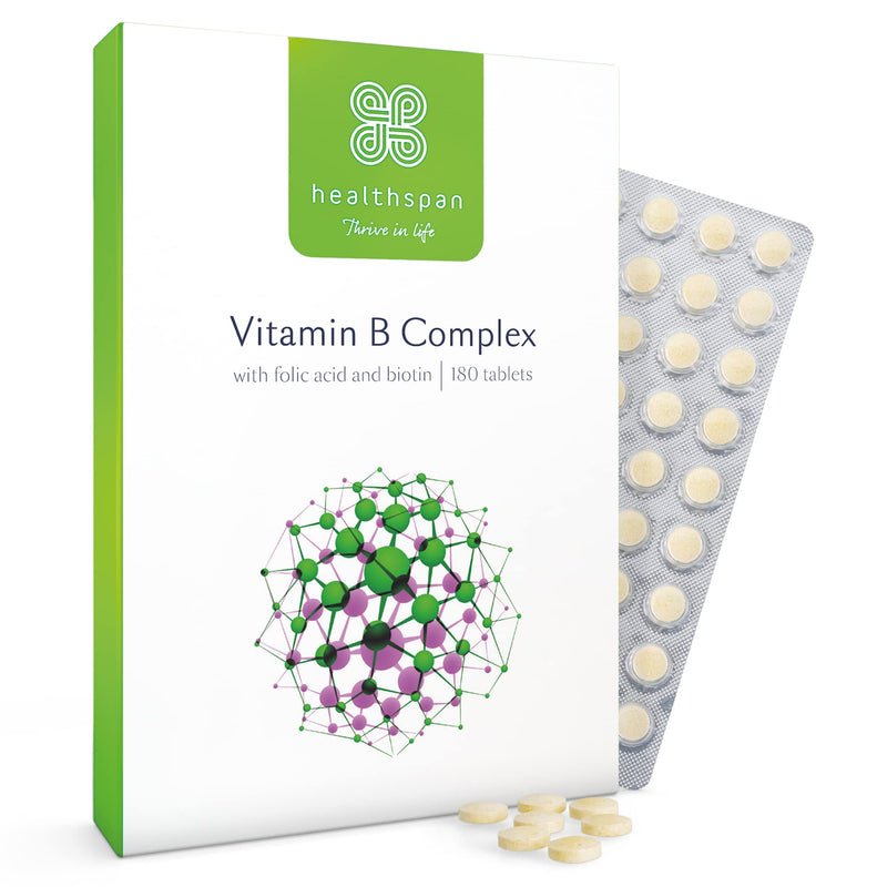 Healthspan Vitamin B Complex (6 Months' Supply) | High Levels of 8 B-Complex Vitamins | Heart Health, Mental Performance & Psychological Function | Combat Tiredness & Fatigue | Gelatin Free | Vegan 180 Count (Pack of 1) - BeesActive Australia