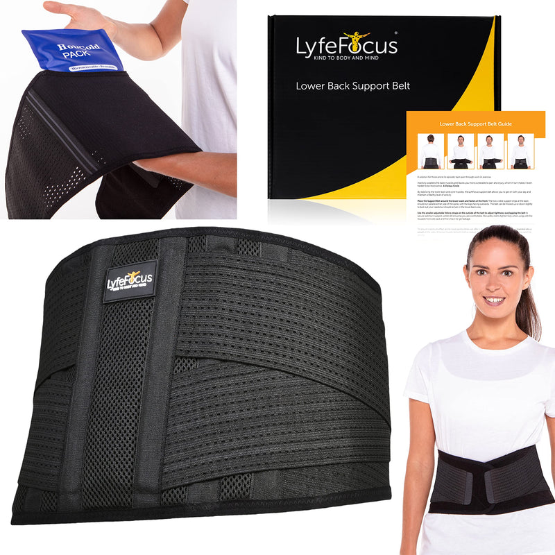 LyfeFocus Premium Adjustable Lower Back Support Belt for Men & Women - Breathable Lumbar Support Brace Supplied with Reusable Hot Cold Pack for Pain & Muscle Tension Relief (Check Size Table: Medium) M - BeesActive Australia